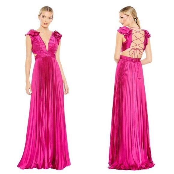 Mac Duggal Ieena Pleated Ruffled Cap Sleeve Cut Out Lace Up Gown dress #26729 - Picture 1 of 16